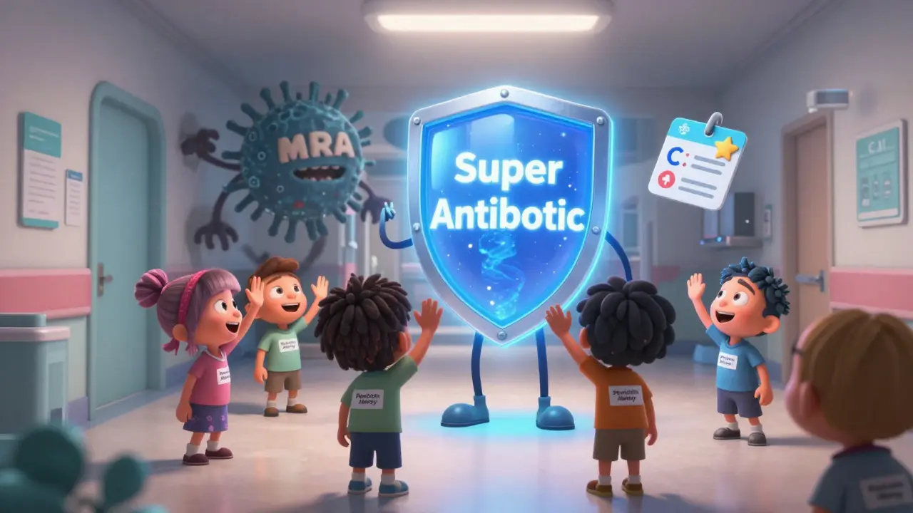 Happy patients celebrate as a shield protects them from dangerous superbugs in a bright hospital hallway.