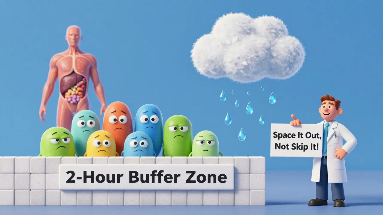 Medication characters protected by a 2-hour buffer zone from a fluffy fiber cloud, with a pharmacist guiding them.