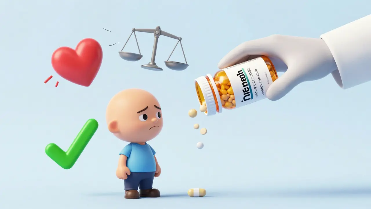 Person anxious about pill switch surrounded by symptom symbols, then reassured by familiar brand.