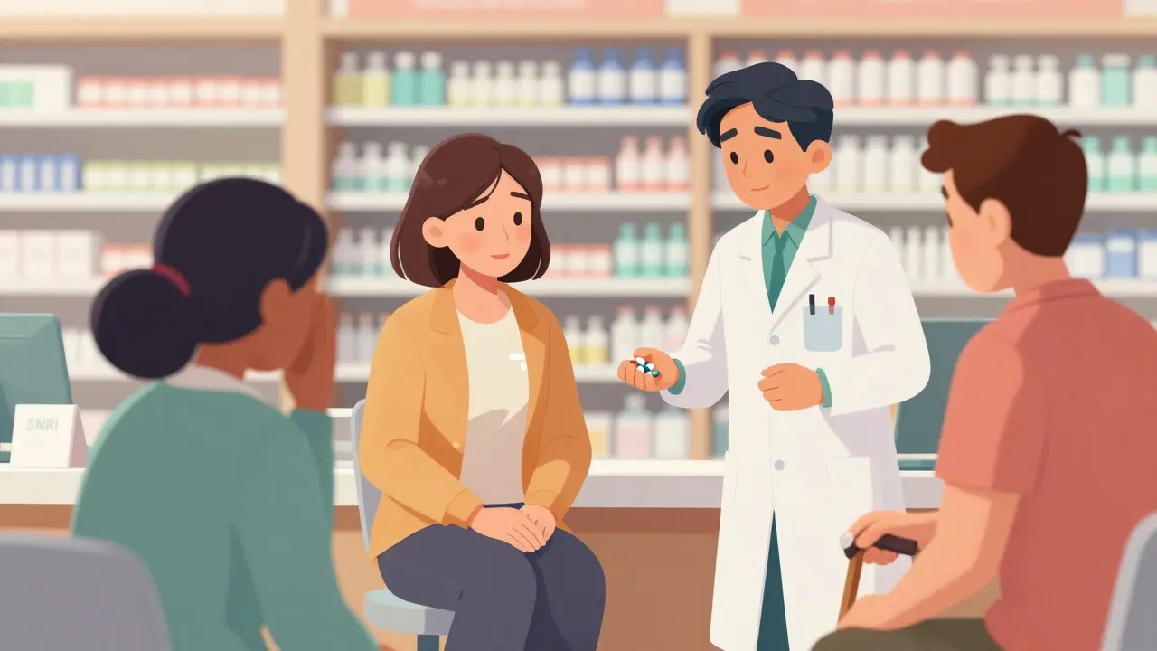 Pharmacy scene with patients receiving SNRI medications for anxiety and pain.