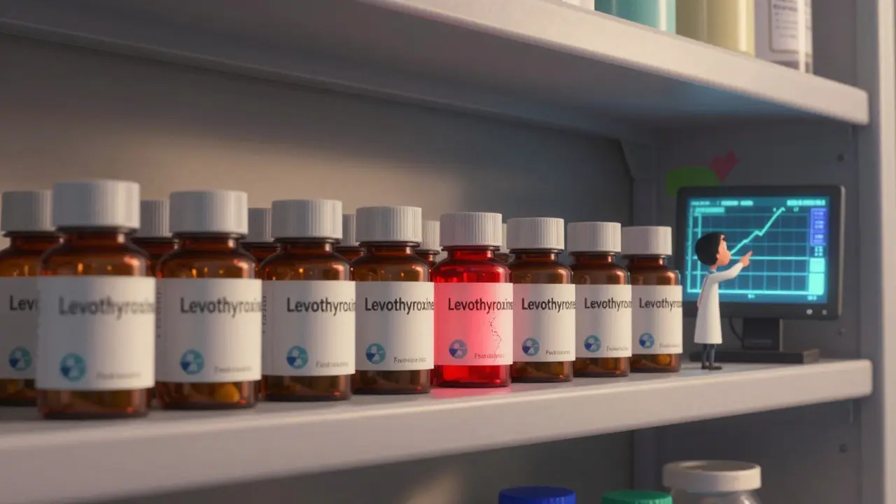 Pharmacy shelf with levothyroxine bottles from different manufacturers, one cracked and glowing red, in Pixar style.