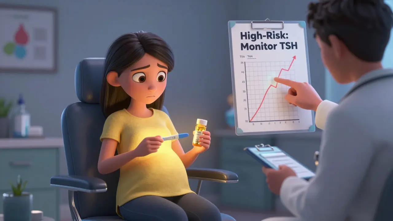Pregnant woman in doctor’s office with glowing thyroid and TSH graph showing need for monitoring.
