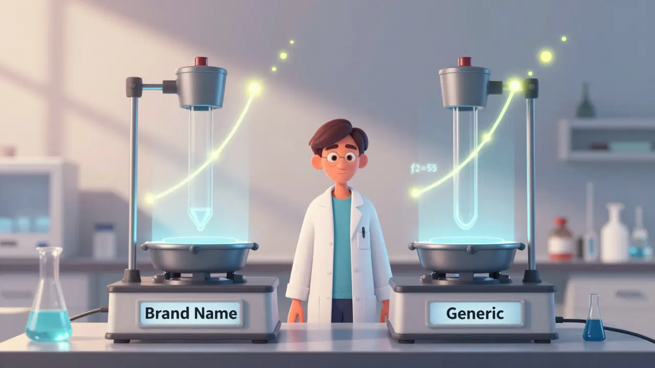 Two dissolution tests side by side with matching graphs and an f2 similarity score.