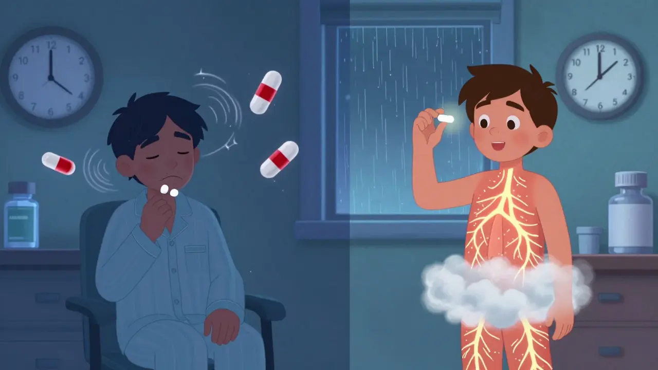 Two people side by side, one struggling with multiple gabapentin pills, the other taking pregabalin with weight gain effects.