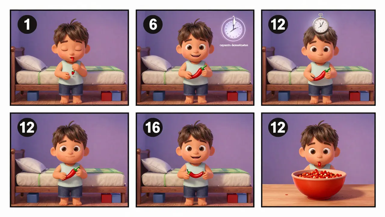 A character gradually tolerating spicy food over 12 weeks with healthy habits in the background, in Pixar animation style.