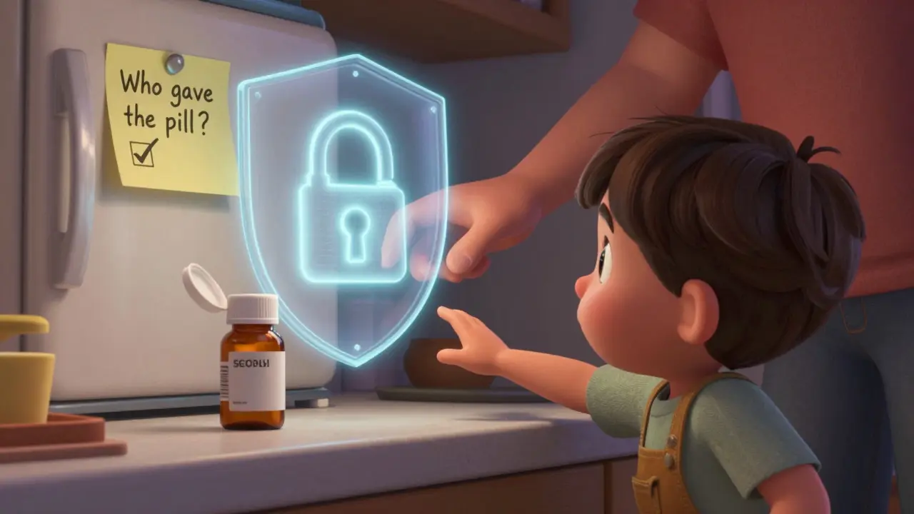 A child is gently stopped from reaching for medicine, with a lock-shaped shield and a sticky note on the fridge.