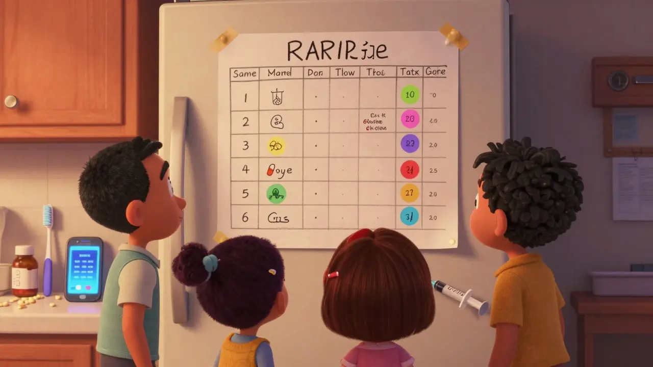 A family reviews a medication chart on the fridge beside a locked cabinet and marked syringe.