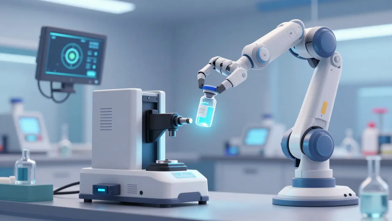 A futuristic laboratory scanner examining a medical vial for safety.