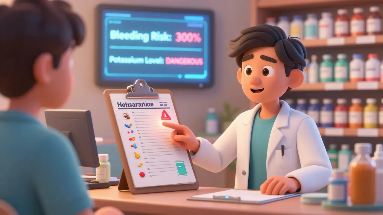 A pharmacist pointing to a medication list with red alerts on a digital screen in a cozy pharmacy.