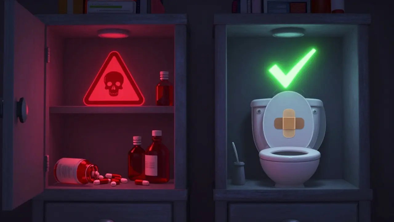 A split scene contrasting a dangerous cluttered medicine cabinet with a clean, safely disposed one and a flushed fentanyl patch.