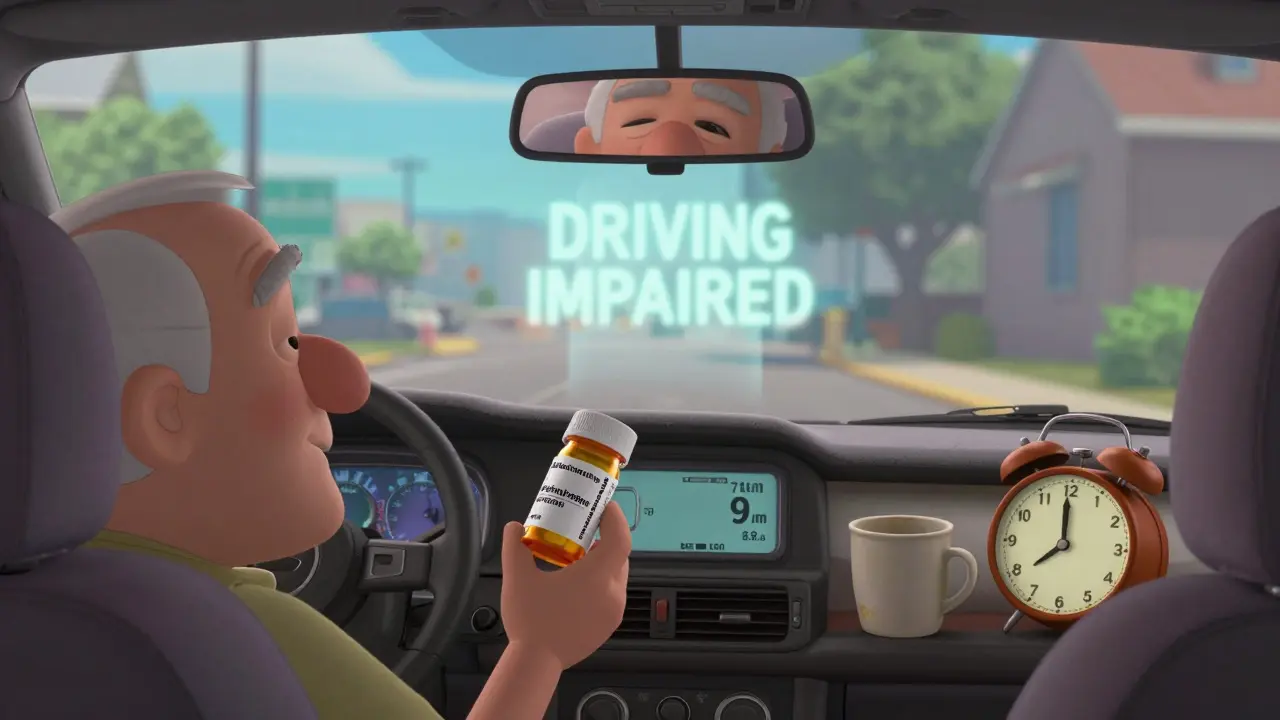 An elderly man reading a medication label at dawn, his reflection showing drowsiness while a clock shows time passing before he drives.
