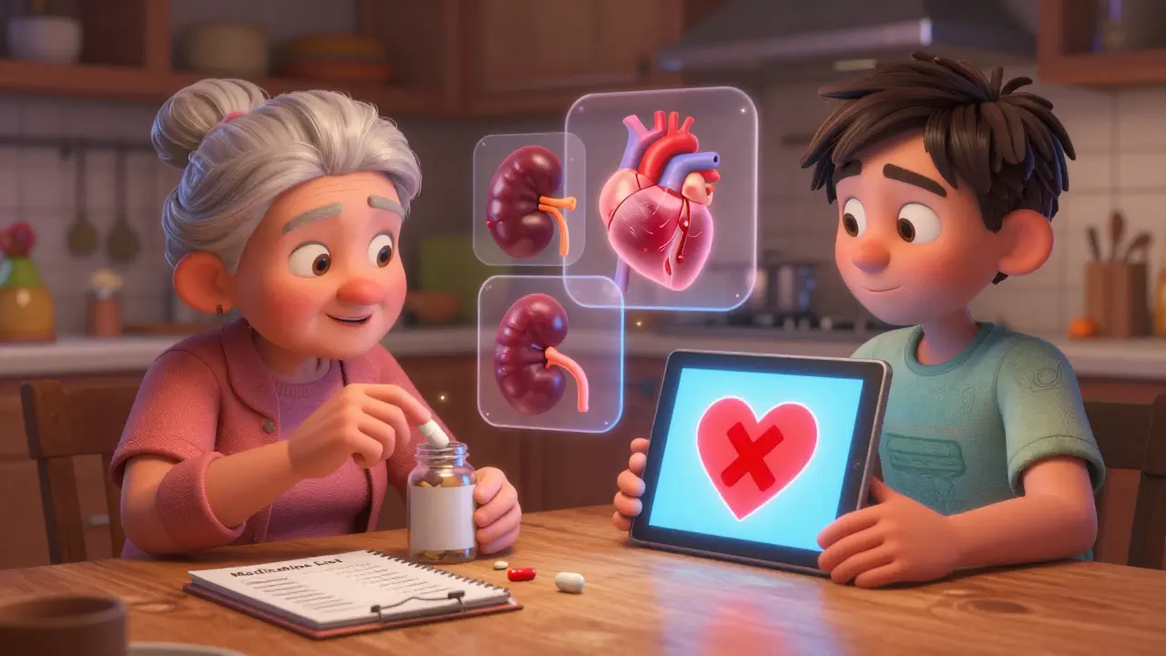 An elderly woman about to take a supplement while her son shows her a heart-shaped warning icon.