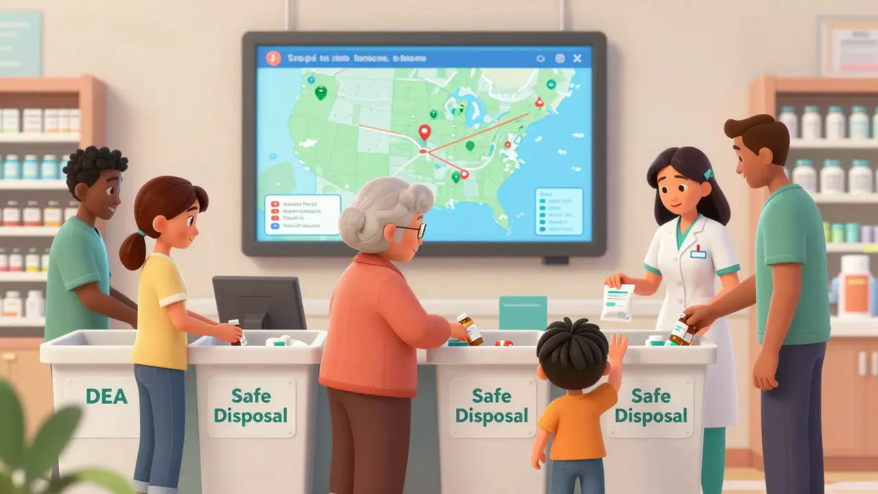 Diverse individuals using a pharmacy take-back kiosk to safely dispose of unused opioid medications.