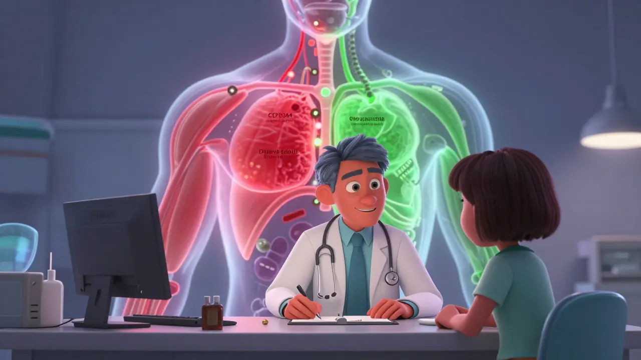 Doctor and patient at a clinic with transparent body showing statin metabolism pathways — red for simvastatin, green for rosuvastatin.