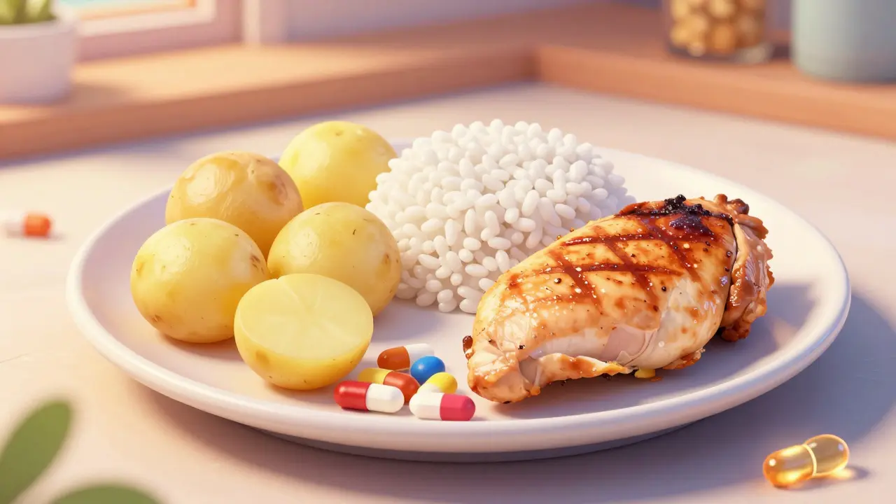Healthy low-fat meal with vitamin supplements on table.