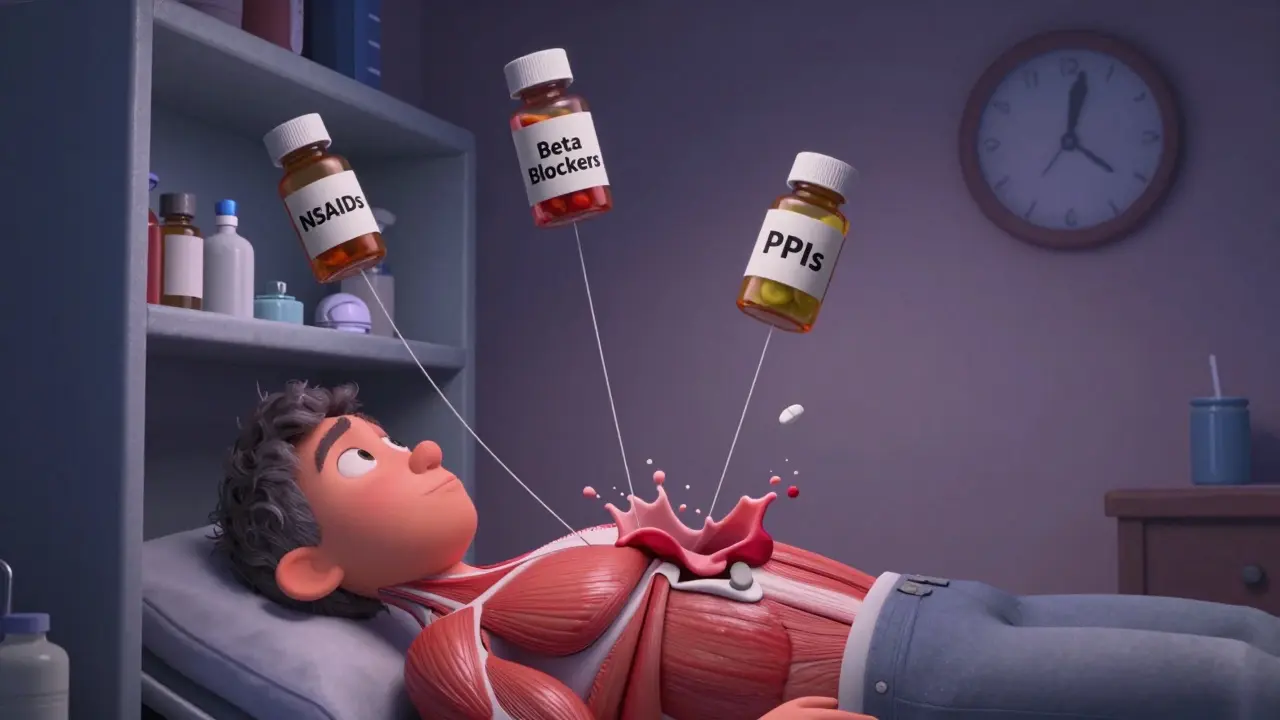 Medication bottles pulling on a muscle that causes acid reflux, shown in playful Pixar cartoon style.