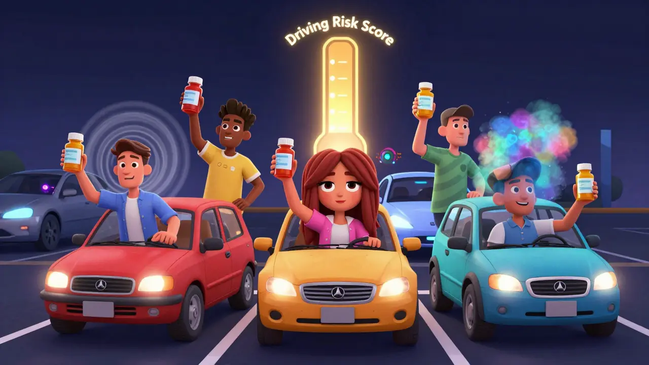 Multiple drivers each affected by different medication side effects, with glowing risk meters rising as they prepare to drive.