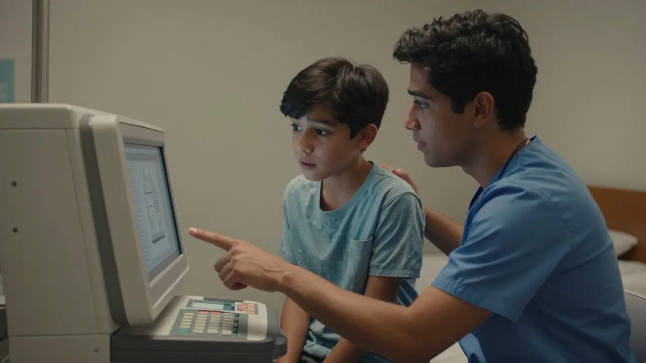 Patient and caregiver learning to use dialysis equipment together.