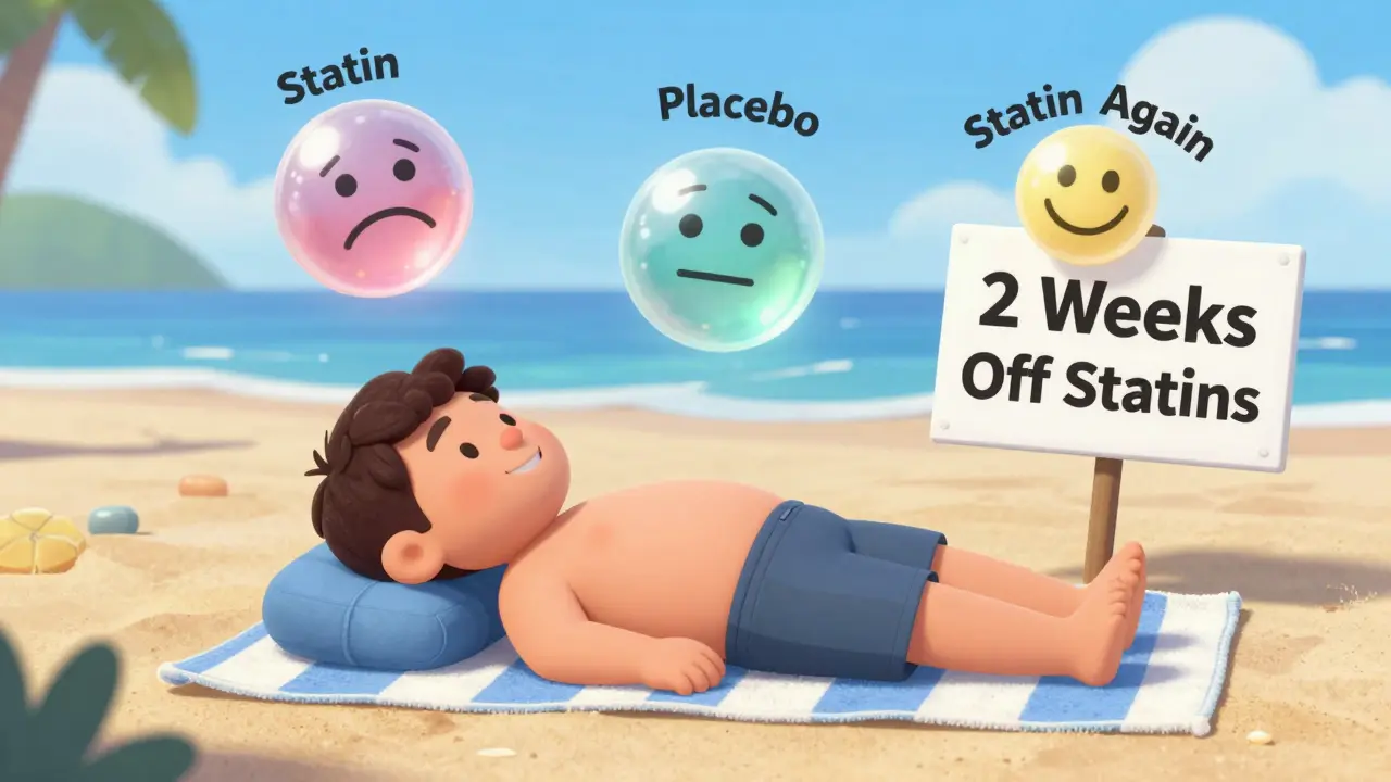 Patient on a beach during a drug holiday, with three floating pills showing different emotional reactions.