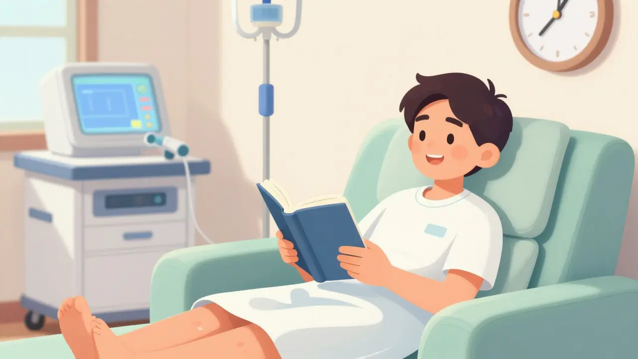 Patient reading book while dialysis machine operates quietly nearby.