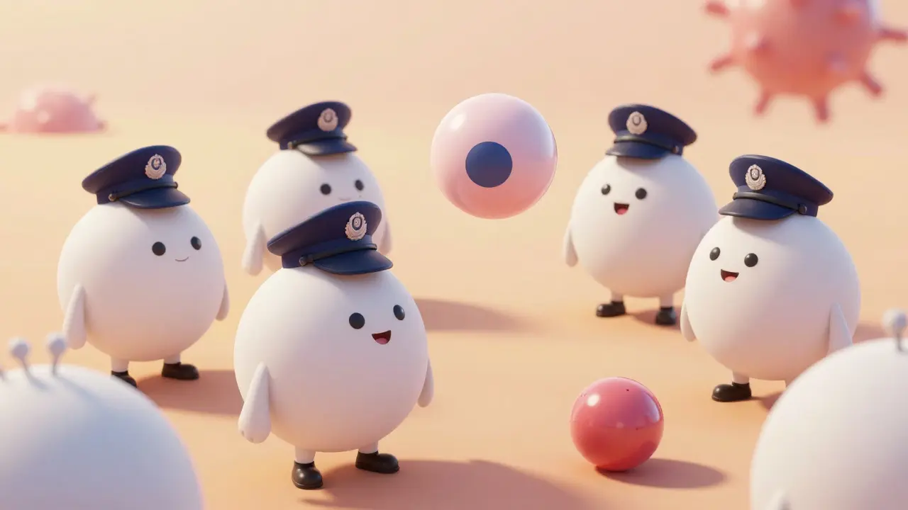 Stylized immune cells interacting with a medicine molecule under a microscope.