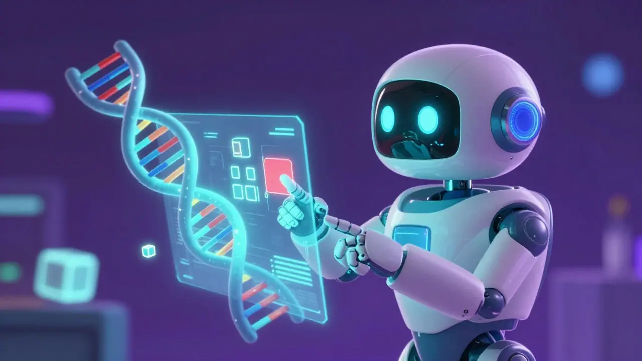A friendly AI robot analyzing DNA and blockchain data to find safety signals.
