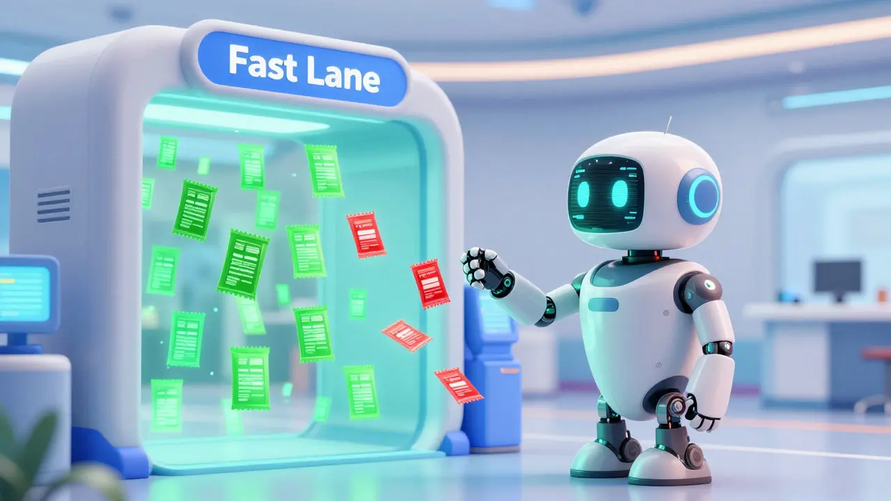 A futuristic AI robot screening pharmaceutical data packets in a high-tech center