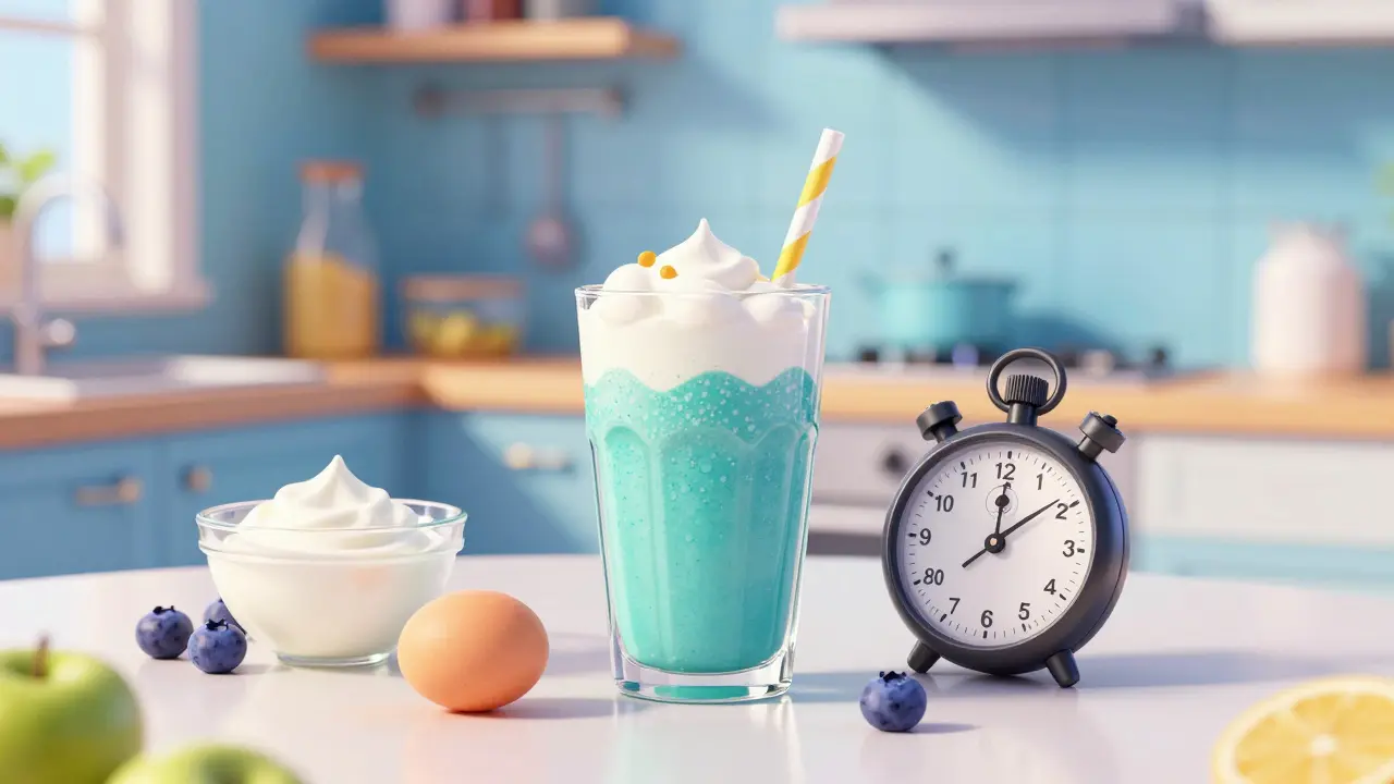 A nutritious protein shake and healthy breakfast ingredients in a bright, colorful kitchen.