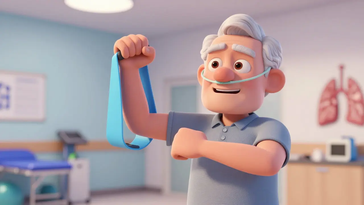 A senior man exercising with a resistance band and supplemental oxygen in a rehabilitation center.