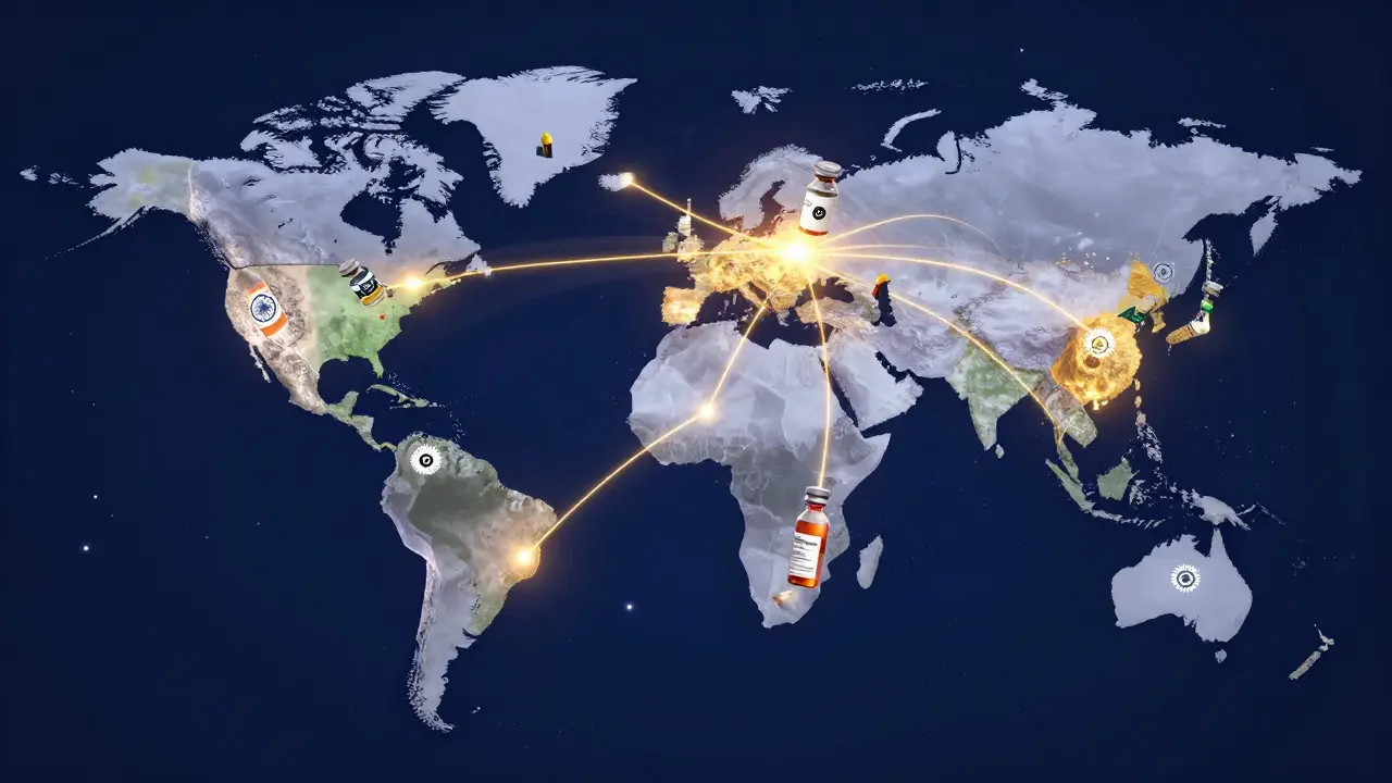 A stylized global map showing golden fast-track supply chain lines for medicines