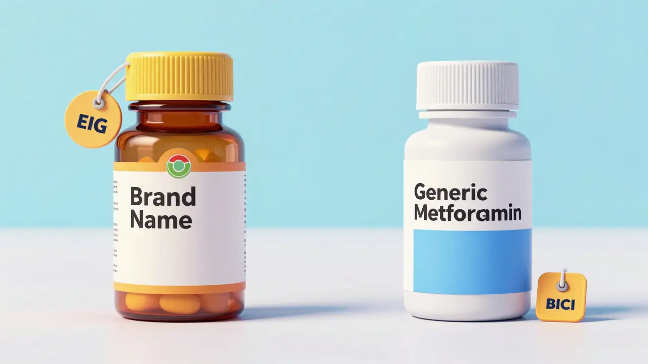 Comparison between a pricey brand name medication and an affordable generic version