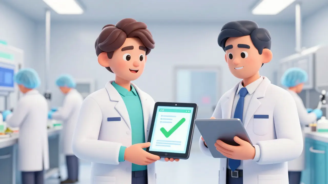 Confident staff showing digital compliance records to an inspector in a clean factory.