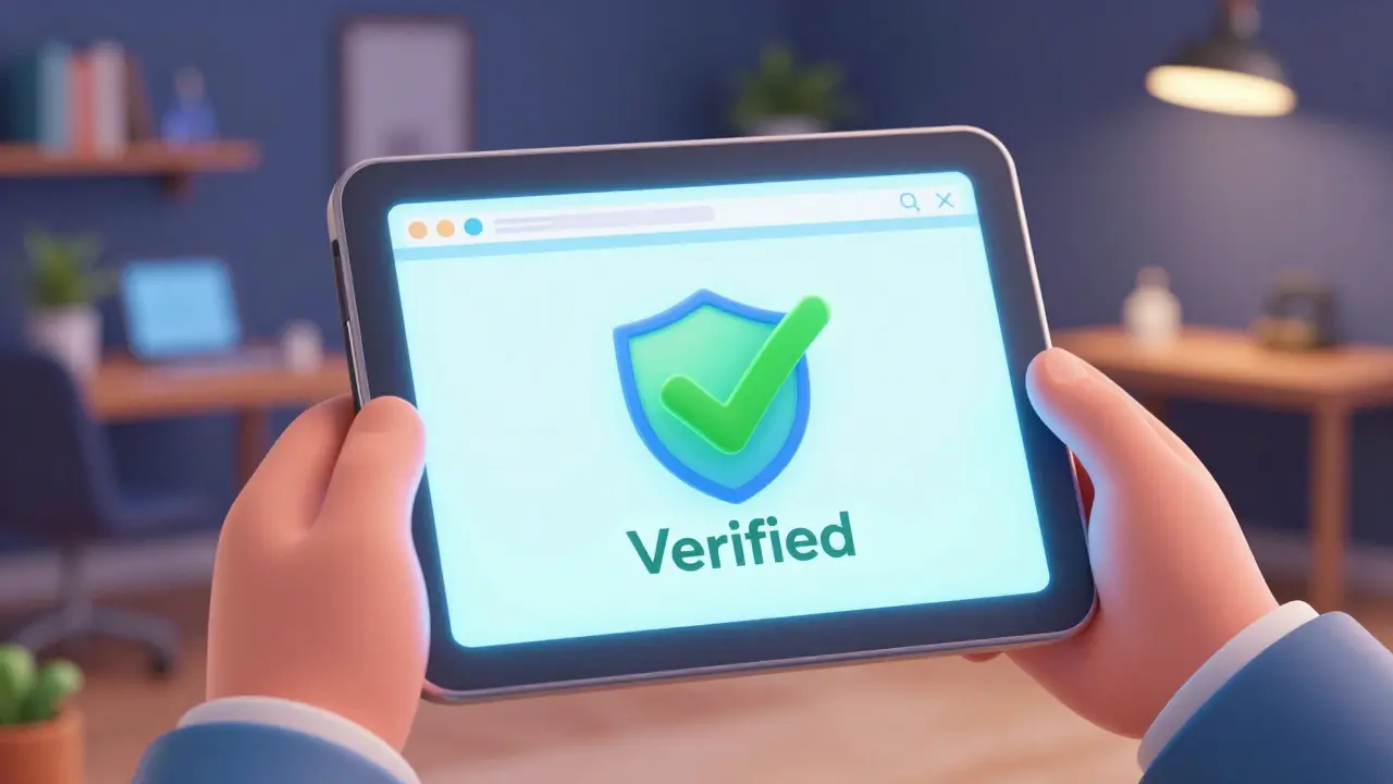 Hands holding a tablet showing a verified and secure pharmacy website