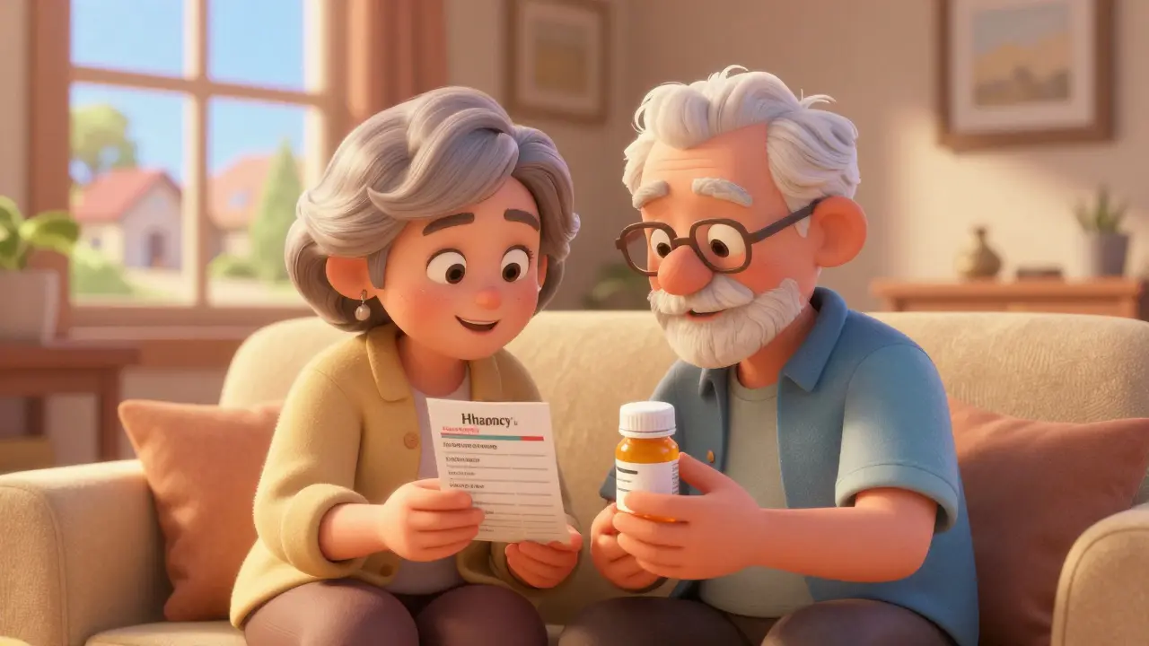 Happy elderly couple smiling in their sunny living room after saving on medication costs