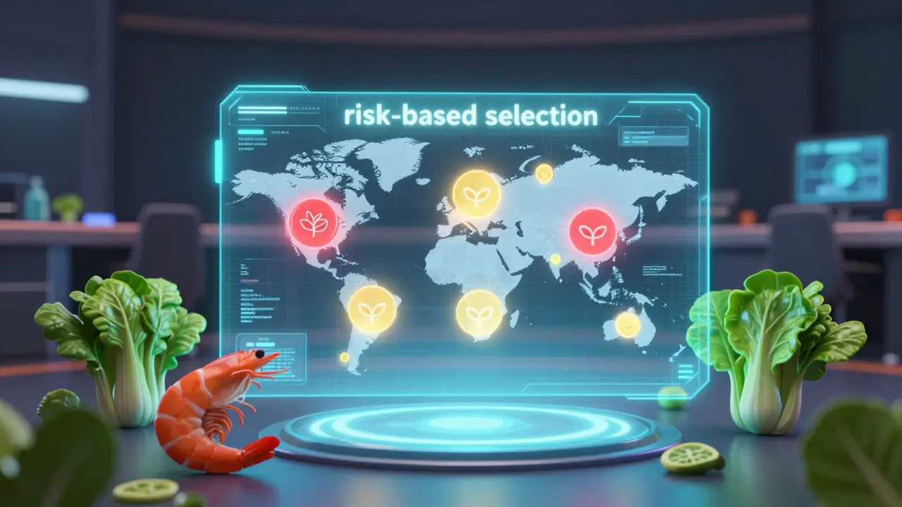 Holographic map showing high-risk food facilities and produce in a Pixar style.