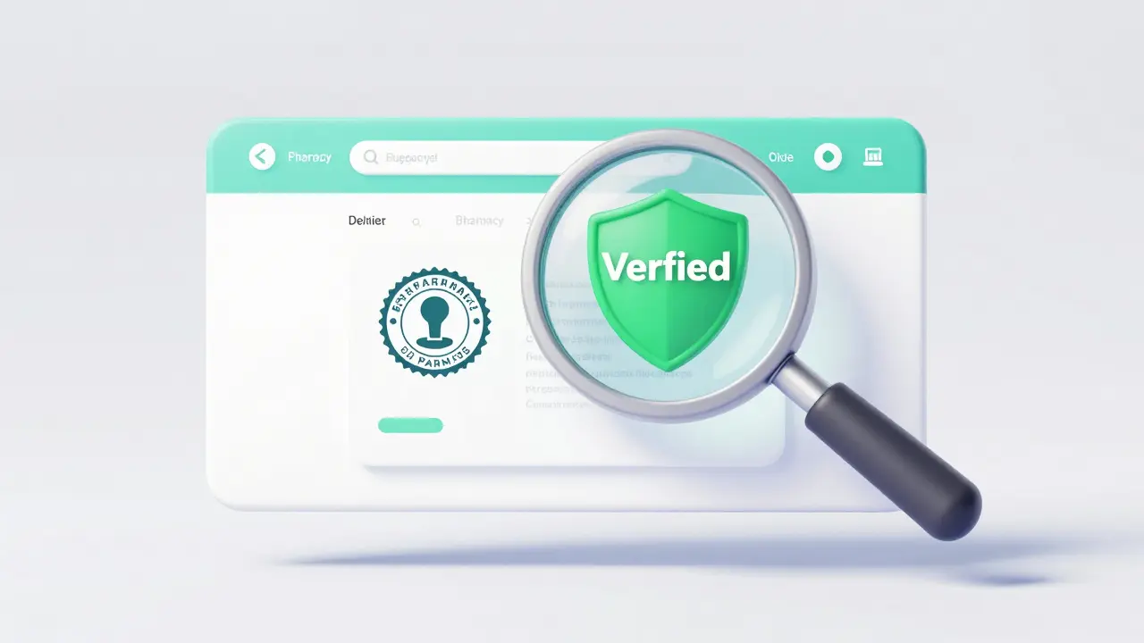 Magnifying glass inspecting a verified and secure online pharmacy website