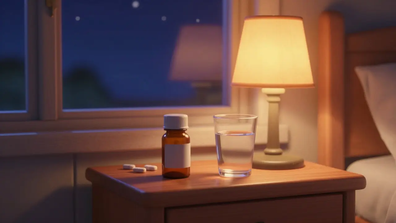 Medication bottle and water glass on a nightstand during a peaceful evening