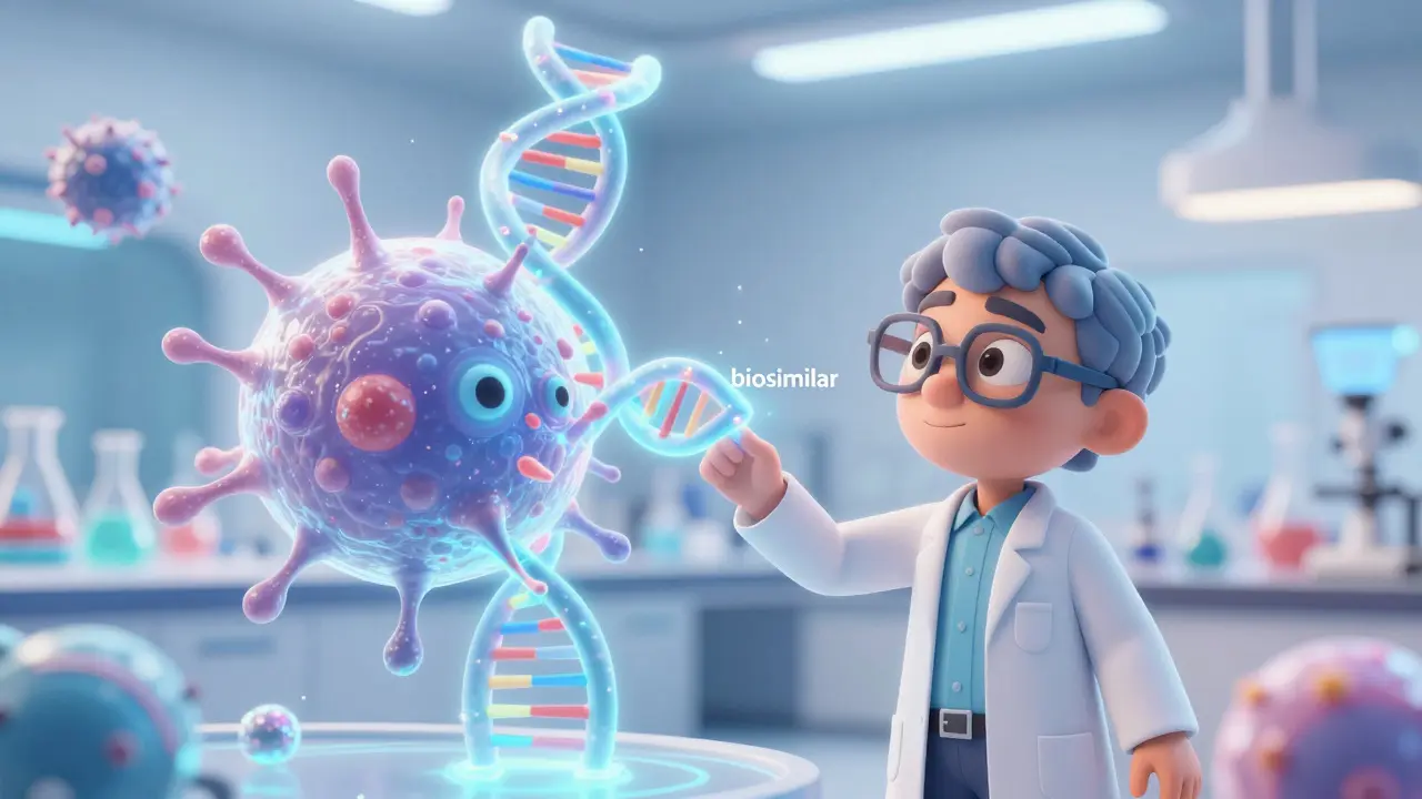 Scientist in a high-tech lab analyzing a glowing holographic biosimilar cell structure