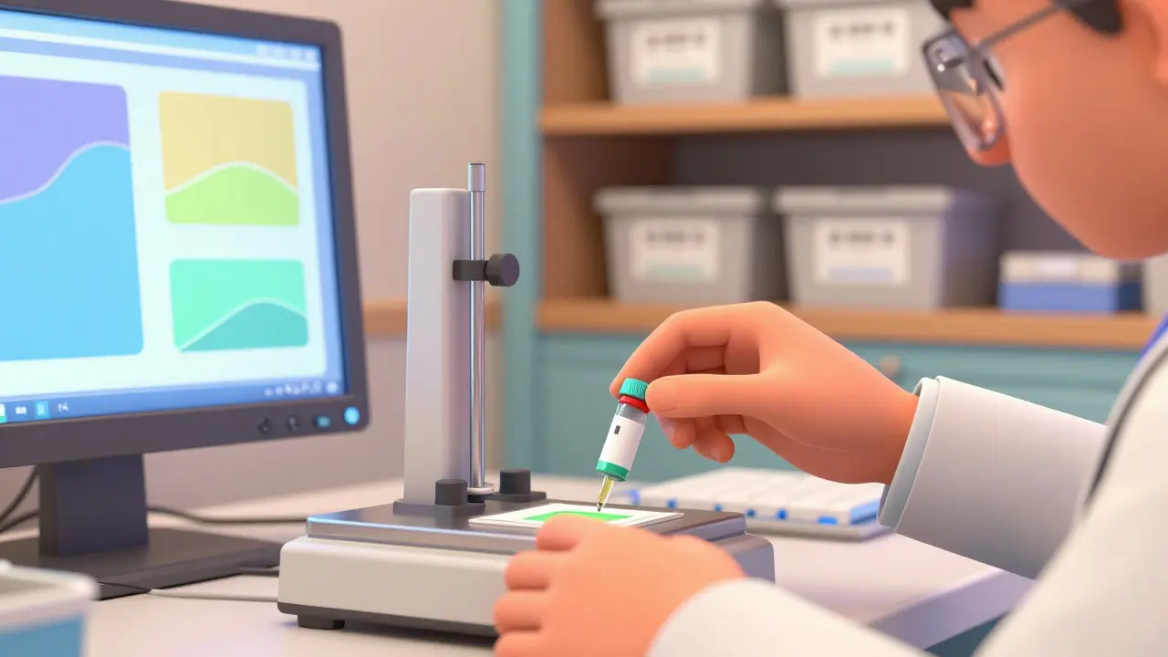 Scientists analyzing pharmaceutical samples at a quality control station with tools.